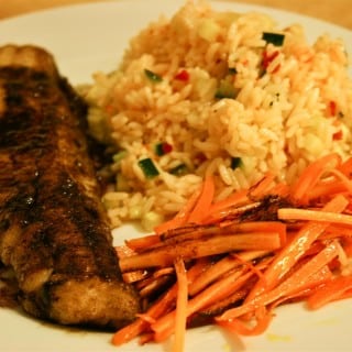 Pan Fried Pollock, Seared Carrots and Spicy Rice with Red Wine Reduction