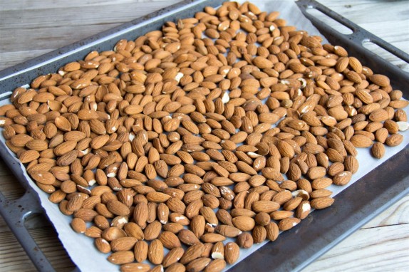 Preparing the almonds for roasting