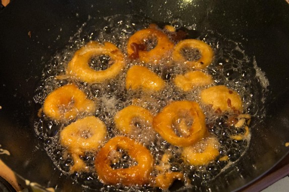 Deep-frying the onion rings